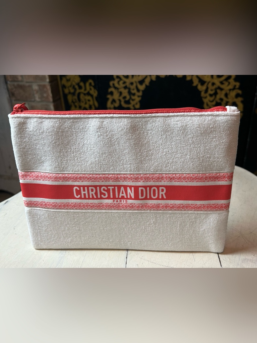 Dior White and Red Christian Dior Logo Canvas Pouch